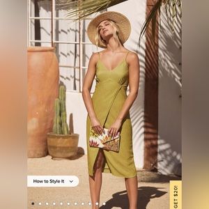 Lulus View and I Chartreuse Tie-Back Faux-Wrap Midi Dress